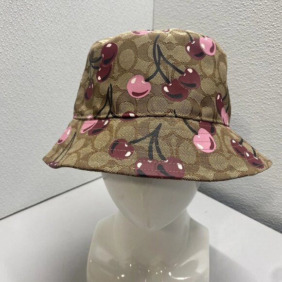 NEW COACH Women’s Signature Cherry Swirl Print Bucket Hat Tan/Merlot Size XS/S - Picture 9 of 10